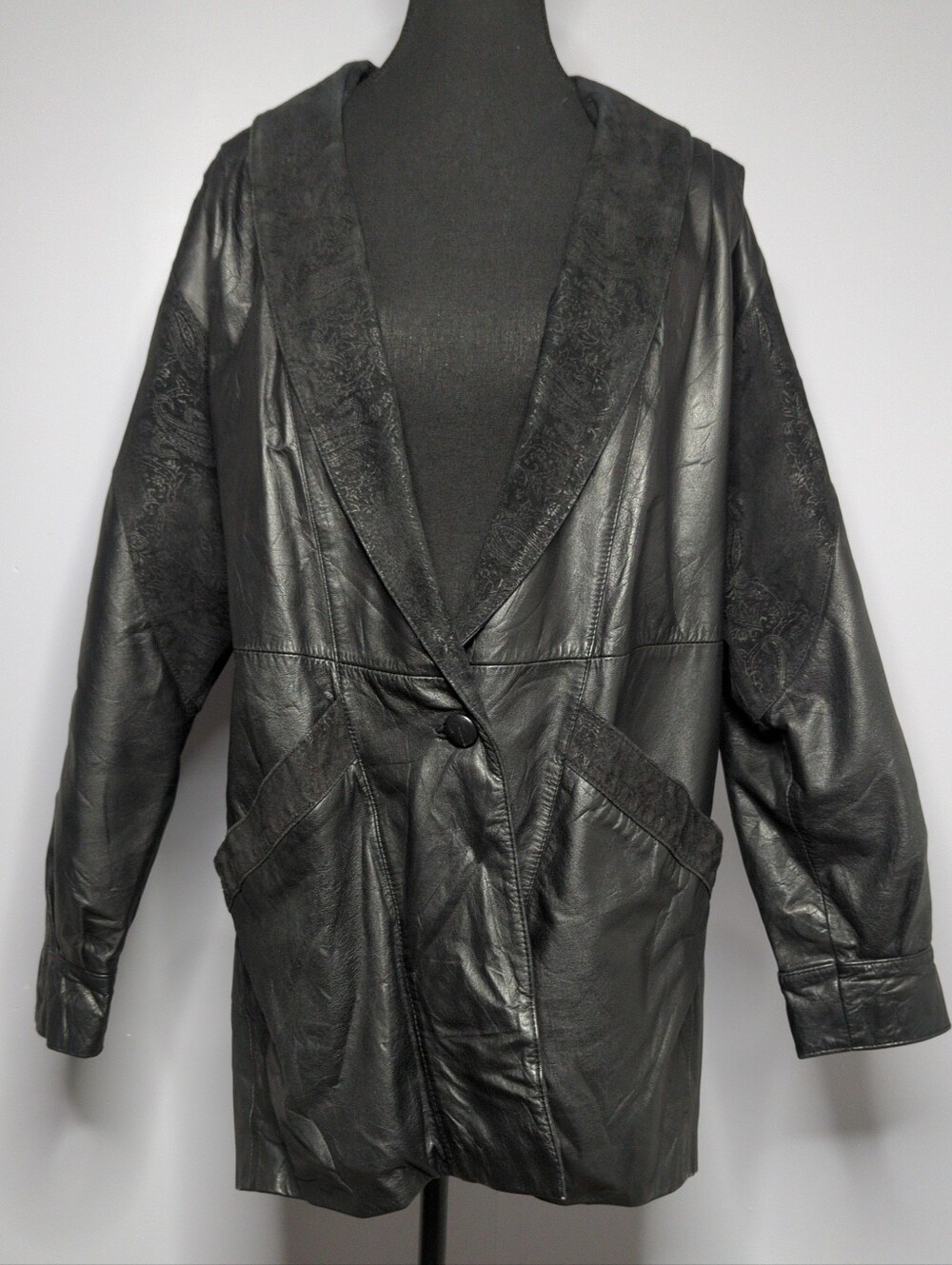 Vintage 80s Pelle Studio Black Leather Paisley Brocade Jacket Oversized Medium